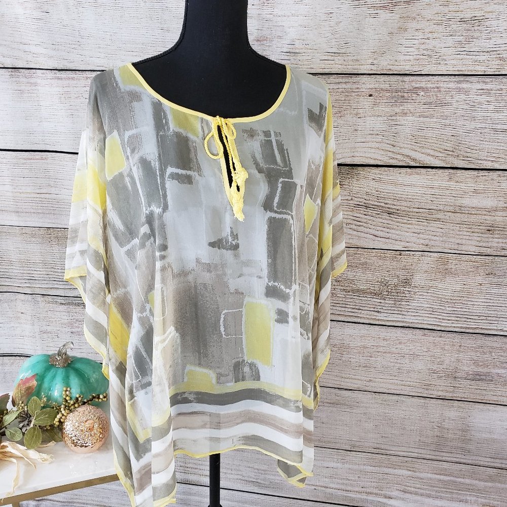 CHICO'S YELLOW-GRAY-WHITE SCARF TOP - SMALL/MEDIUM